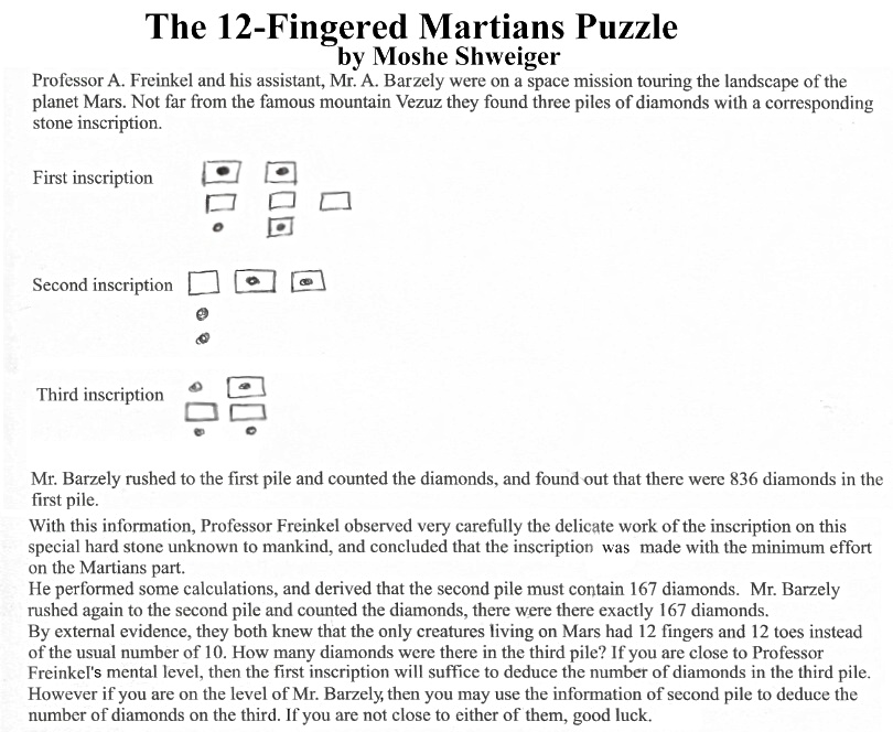Statement of the 12-Fingered Martians Puzzle
